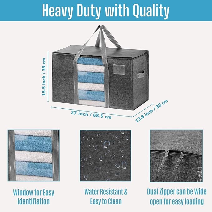 VENO 10 Pack Moving Bags with Clear Window, Heavy Duty Storage Bins with Lid, Around Handles, Tag, Zippers, Extra Large Totes Packing Moving Boxes Supplies for College Dorm Clothes (Dark Gray)