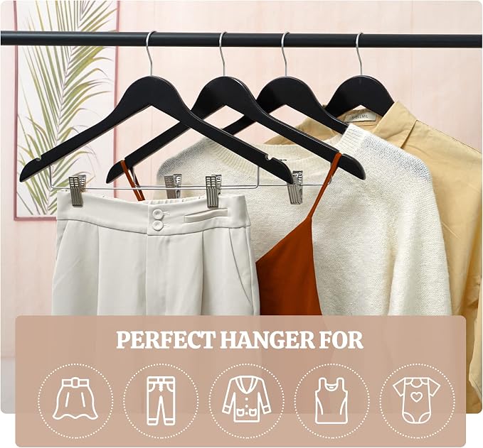 HOUÍSM Wooden Hangers with Clips, Heavy Duty Pants & Skirt Hangers, Solid Wood Clip Hangers for Trousers, Jeans, Clothes – Black, 16 Pack