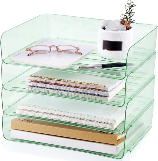 Harloon 4 Tier Clear Sage Green Acrylic Paper Organizer Letter Tray, Aesthetic Stackable Desk File Organizer Paper Holder Office Tray for A4, Modern Office Classroom Home File Pad Books Notes