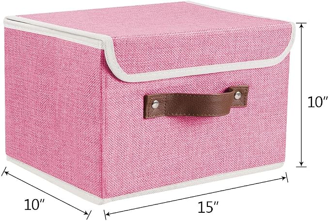 2Pack Storage Bins Boxes with Lids 15"x10"x10" Decorative Storage Baskets | Cotton Linen Fabric, Collapsible, Faux Leather Handles, Storage Cubes, Closet Shelf Clothes Organizer Container, Pink