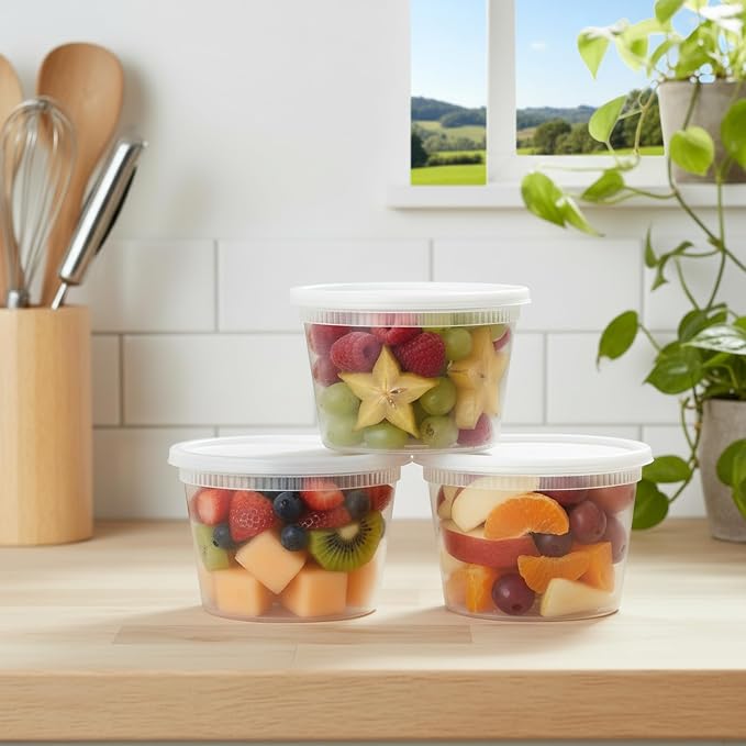 BluShine Deli Containers with Lids, Plastic Food Storage Containers | 16 oz, 32 sets Plastic Deli Food Storage Containers with Airtight Leak Proof Lids, Reusable, Microwave and Freezer Safe