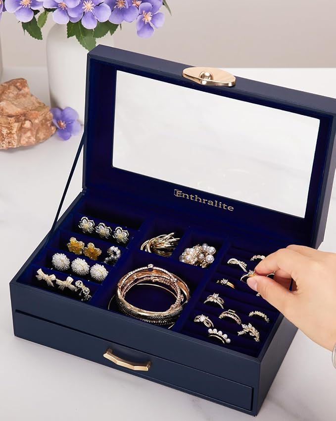 Enthralite Modern Jewelry Organizer for Women: 2-Layer Box with Clear Lid | Space-Saving Design for Elegant Vanity Order - Storage for Ring Earring Necklace Bracelet - Suits Women Who Value Style