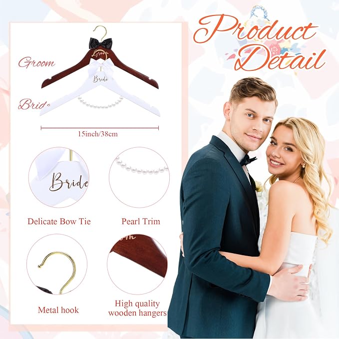 Beeveer 2 Pcs Bride Hanger for Wedding Dress Bride and Groom Wooden Wedding Dress Hanger Set with Bow Tie for Tuxedo Suit Gift Bridal Party Shower