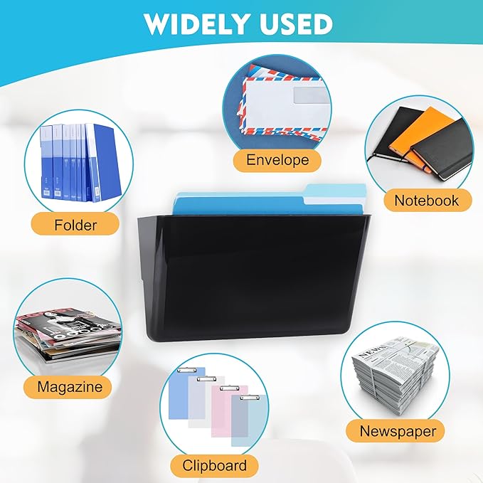 EASEPRES 4 Pack Black Single Pocket Hanging File Organizer, Plastic Wall Mount Paper Mails Magazines Holder, Mounted Folder Bins for Office, School and Home, 12.99x4.13x7.48 inches