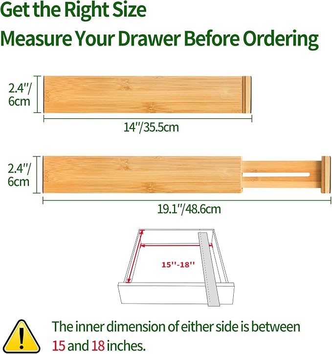 VaeFae 6-Pack Bamboo Drawer Dividers – Adjustable 14"-19.1" (Fits 15"-18" Drawers ONLY), Spring-Loaded Expandable Organizer for Kitchen, Bedroom, Office & Bathroom, MUST MEASURE Before Purchase | 6 Pack