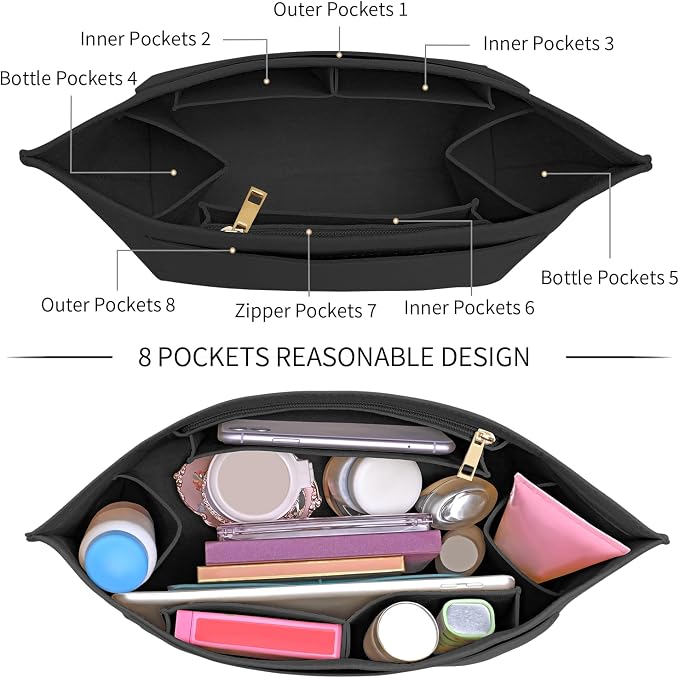 LOUKAYCCI Purse Organizer Insert for Longchamp Le Pliage S Handbag Insert Felt Long Champ Tote Bag Organizer Insert with Cup (Black, Small)