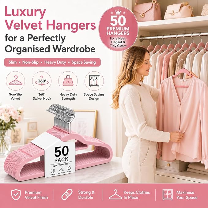 1ABOVE Premium Quality 50 Pack Non-Slip Velvet Hangers (44cm) Heavy Duty Velvet Suit Hangers with Tie Bar, 360° Swivel Hooks – Space Saving, Sturdy to Hold Jacket, Jumper & Pullover(Set of 50-Pink)