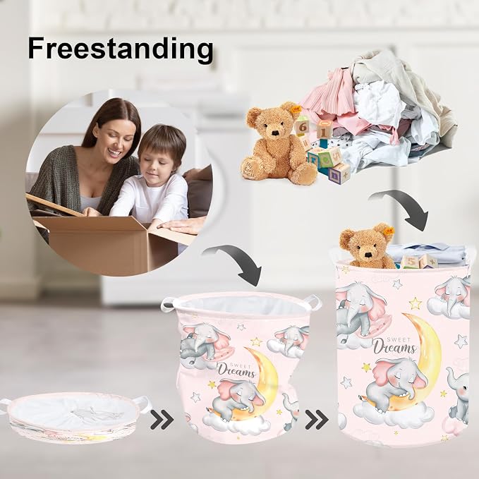 Clastyle Sleeping Elephant Kid Laundry Basket Pink Baby Girls Clothes Hamper for Nursery Collapsible Star Moon Towel Toy Storage Basket with Lid