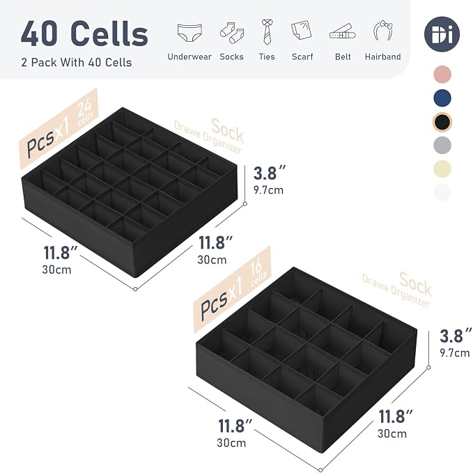 Joyoldelf Sock Drawer Organizer Divider 4 Packs Underwear Organizer, 2 x 24 Cell + 2 x 16 Cell Closet Organizers and Storage Sock Holders for Storing Socks, Handkerchiefs, Ties, Belts (Black)