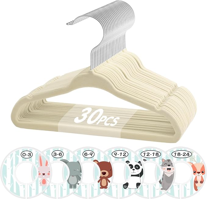 VIS'V Velvet Baby Hangers with 6 Pcs Size Dividers, 11 Inch, Beige, 30 Pcs | Compact Size, Non Slip, Infant Toddler Nursery Closet Organization
