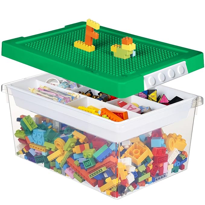 Plastic Storage Bins with Lids - 1 Set Stackable Arts Crafts Organizer Box with Removable Divided Tray &Compatible Building Baseplate,Toy Chest Containers for Bricks - (14.37"x9.64"x6.69")