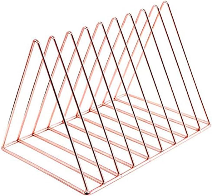Rose Gold Metal Vinyl Record Holder,Vertical Record Player Holder,File Organizer for Desk,Desktop File Sorters,Paper Organizer and Record Holder Stand,Triangle Upright 9 Lattice Vinyl Rack Stand,1Pack