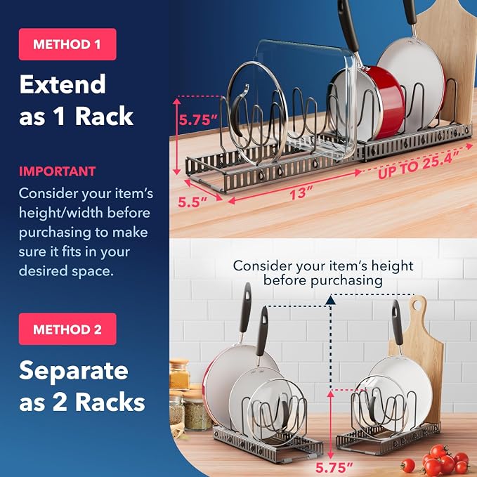 Better Things Home 5.5” Wide 12-Slot Adjustable Pot Lid Organizer with Scratch-Free Pads, Expandable Pot Lid Holder Rack for Cabinet, Small to Medium Pots and Pans Organizer Inside Cabinet