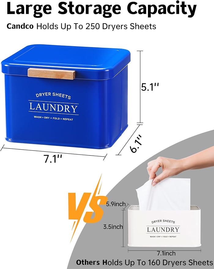 Dryer Sheet Holder with Hinged Lid for Laundry Room Organization, Metal Farmhouse Dryer Sheet Container, Laundry Room Decor and Accessories (Dark Blue)