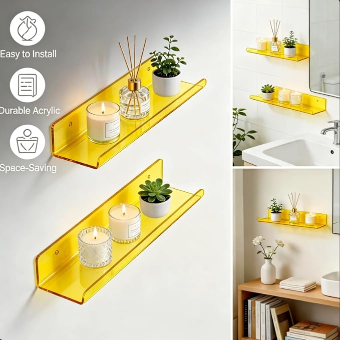ROYALITA 2-Pack Acrylic Shelves Wall Mounted, 17 Inch Display Shelves | for Small Items Plants Organize Wall Shelves for Gaming Room, Bedroom, Living Room, Office, Yellow