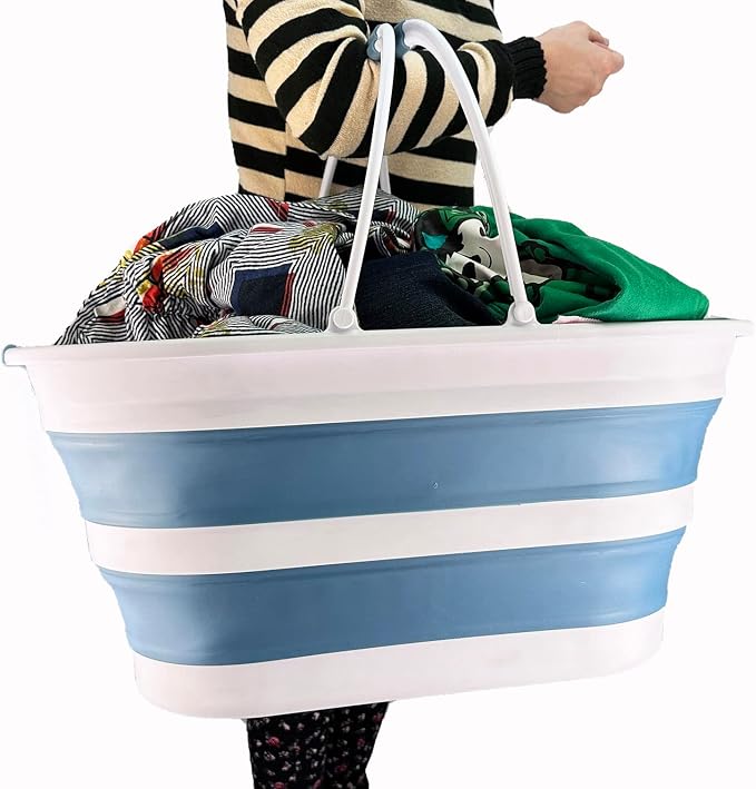 SAMMART 38L (10 Gallons) Collapsible Plastic Laundry Basket - Foldable Storage Container/Organizer - Portable Washing Tub - Space Saving Laundry Hamper (White/Adriatic Blue)
