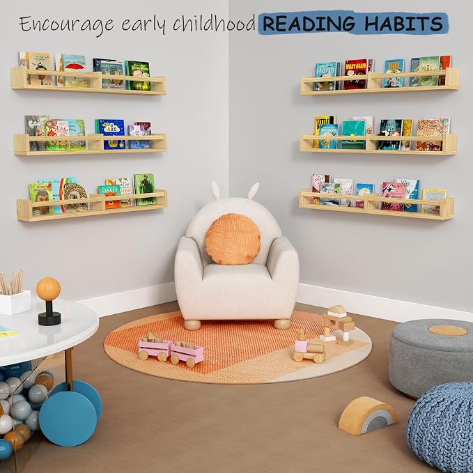 Harwaya Floating Nursery Book Shelves for Wall, 32 Inch Long Bookshelf for Kids Room, Wooden Large Wall Shelf with Hanging Rod for Baby Toddler Child Bedroom (3-Pack, Natural Wood)