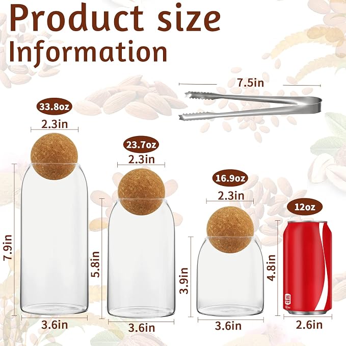 SuproBarware 3Pcs Glass Jar with Round Ball Cork,Coffee Bean Jar Glass Cork Clear Glass Bottles with Cork Glass Canisters for Food, Coffee, Sugar, Spice, Tea,DIY (500ml / 700ml / 1000ml)