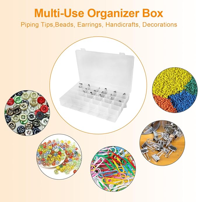 Piping Tip Organizer Box, 36 Grids Storage Container with Adjustable Dividers, Made with Clear Plastics, Compartment Container for Cake Decorating Tools, Baking Tools, Jewelry, Beads and Small Crafts