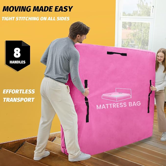 Mattress Bags for Moving and Storage, BETU Twin Mattress Protector Waterproof Mattress Cover with 8 Heavy Duty Handles and Zipper Extra Thick Moving Supplies for Dorm Bed Reusable (77x42x13.5 Pink)