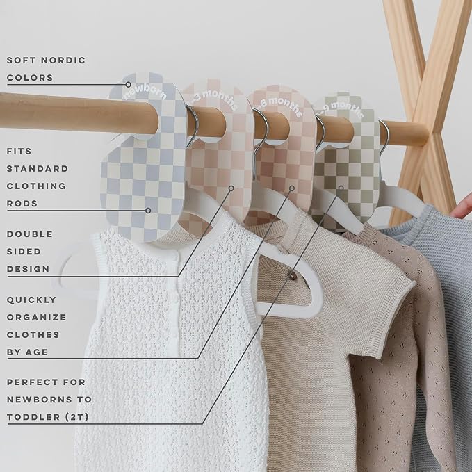 3 Sprouts Baby Closet Dividers, Newborn to 2T, Checkerboard, 8 Piece Set | Newborn to 2T sizing, 8-piece set, Double-sided size labels, Age labels, Nursery closet storage, Baby clothes organizer