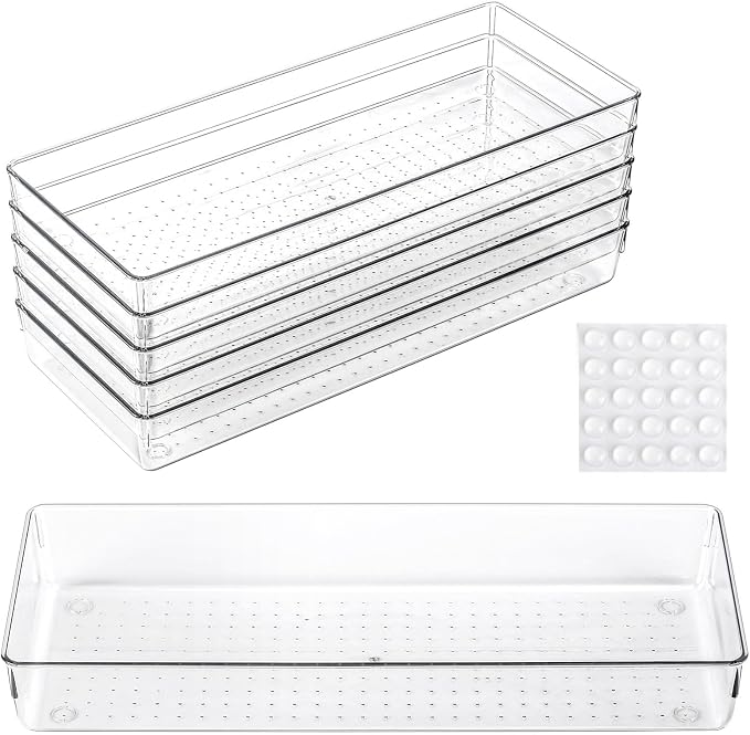 6 Pcs Large Clear Plastic Drawer Organizers Tray 15" x 6.3" Storage Bins with 25 Pcs Non-Slip Pads for Makeup, Jewelries, Kitchen Utensils, Bathroom and Office