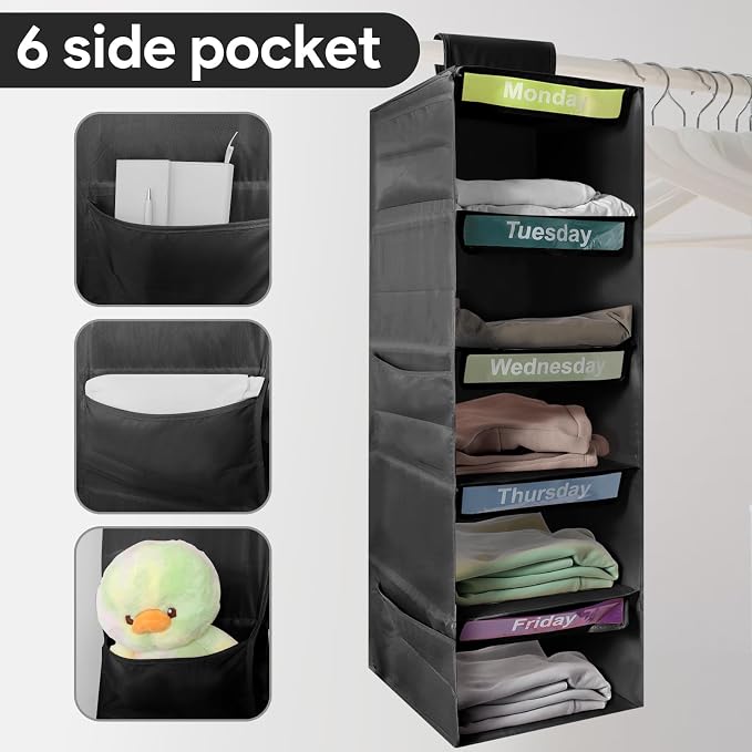 5-Shelf Weekly Clothes Organizer for Kids Days of The Week Storage (Black) | Days of The Week Hanging Storage Shelves for Dorm Room Essential, Daily Shelf Closet Organizer with 6 Side Pockets