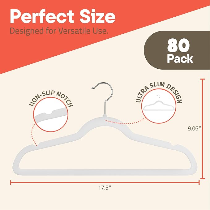 White Velvet Hangers 80 Pack – 360° Swivel Hook, Non-Slip and Space Saving Hangers, Heavy-Duty 11 lbs Weight Capacity - Smooth Velvet Finish for Crease-Free Clothes and Effortless Closet Organization