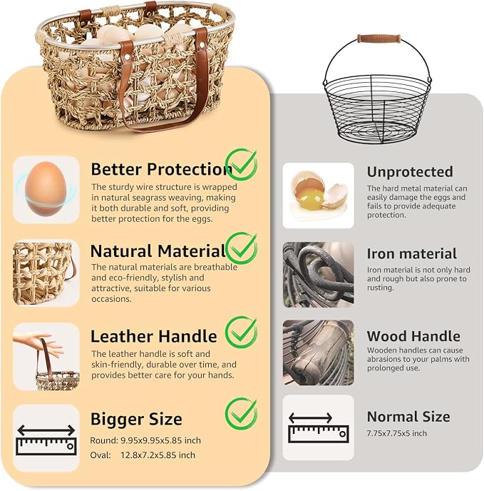 Farmhouse Seagrass Egg Baskets for Collecting Fresh Eggs Handmade Egg Collecting Basket Wicker Oval Storage Basket for Picnic, Harvest, Vegetable