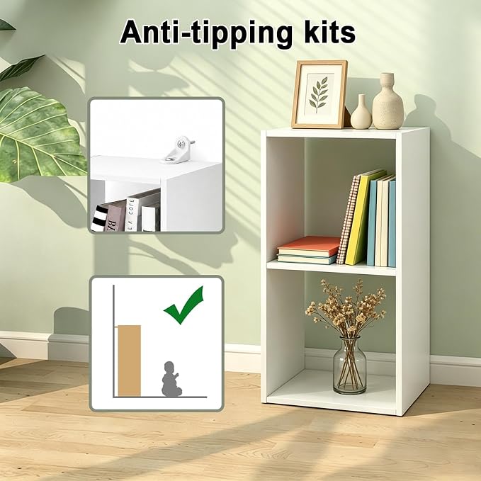 2 Cube Shelf Bookcase, White, 11in | 2026, Anti-Tipping Kits, Reversible Open Back, Multi Layer Multi Grid Partition Layout