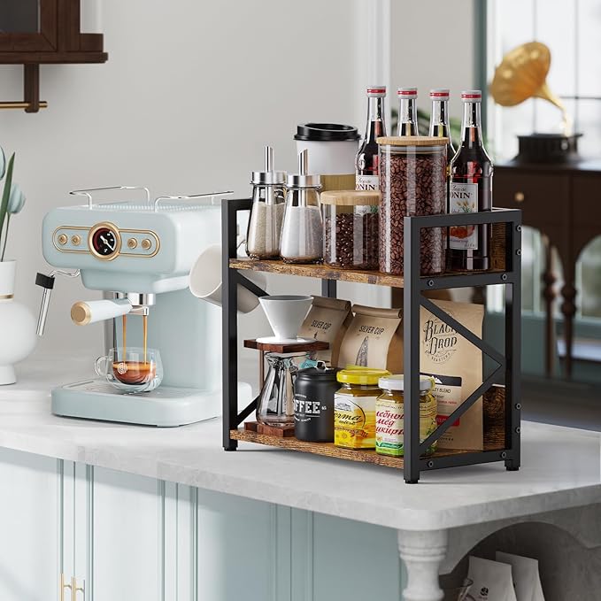 RUILALIFE 2 Tier Kitchen Counter Shelf Organizer, Coffee Bar Station Organizer for Countertop，Space Saving Spice Rack, Desk Shelf Riser, Coffee Bar Accessories(Rustic Brown, Medium)
