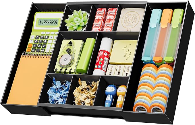 Marbrasse Expandable Desk Drawer Organizer, Clear Plastic Drawer Organizer Tray with 10 Adjustable Compartments, Desk Organizers and Accessories, 5 Drawer Dividers for Office Supplies, Makeup(Black)