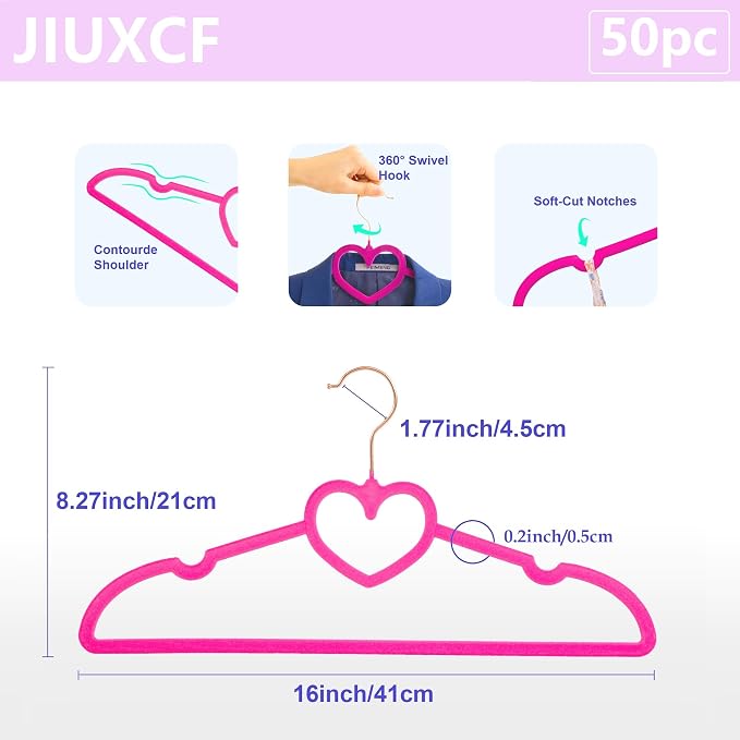Velvet Hangers 50 Pack,16 Inch Non Slip Adult Heart Hanger(Hot Pink) | 360° Swivel Hooks, Cascade Design, Space Saving