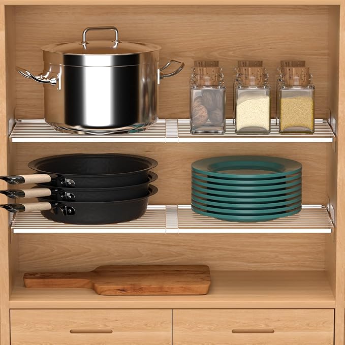 SANNO Tension Shelf Organizer for Closet, Adjustable 17-31" with Heavy-Duty Adhesive - DIY Expandable Shelf Dividers for Cabinet, Pantry, Wardrobe, Kitchen, 1 Pack