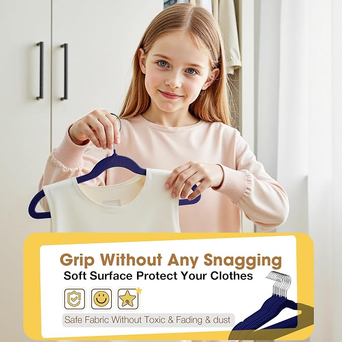 Toddler Hangers,50 Pack 11 Inch,Velvet Baby Hangers Slim & Space-Saving,Baby Clothes Hangers with 360 Swivel Hook,Heavy Duty Felt Hanger for Childrens Coats, Pants,and Dress (Dark Blue)