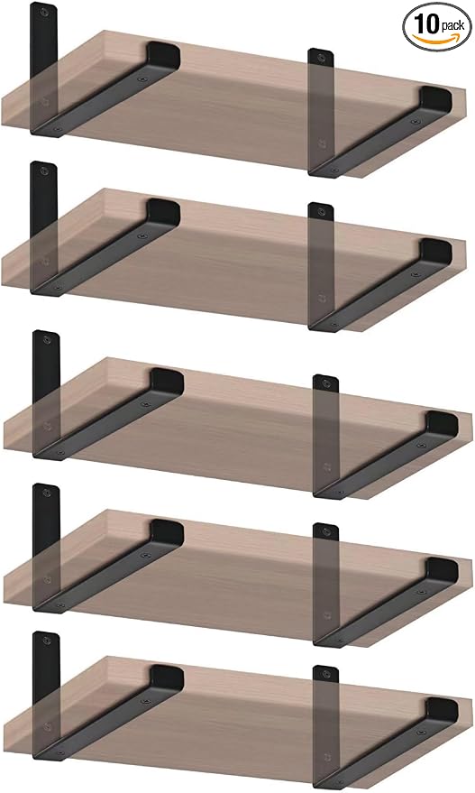 10 Pack - 11.25" L x 6" H x 1.5" W J Lip Shelf Brackets Rustic Farmhouse Iron Wall Floating Shelf Bracket Metal Shelf Bracket Industrial Shelf Supports with Screws Black