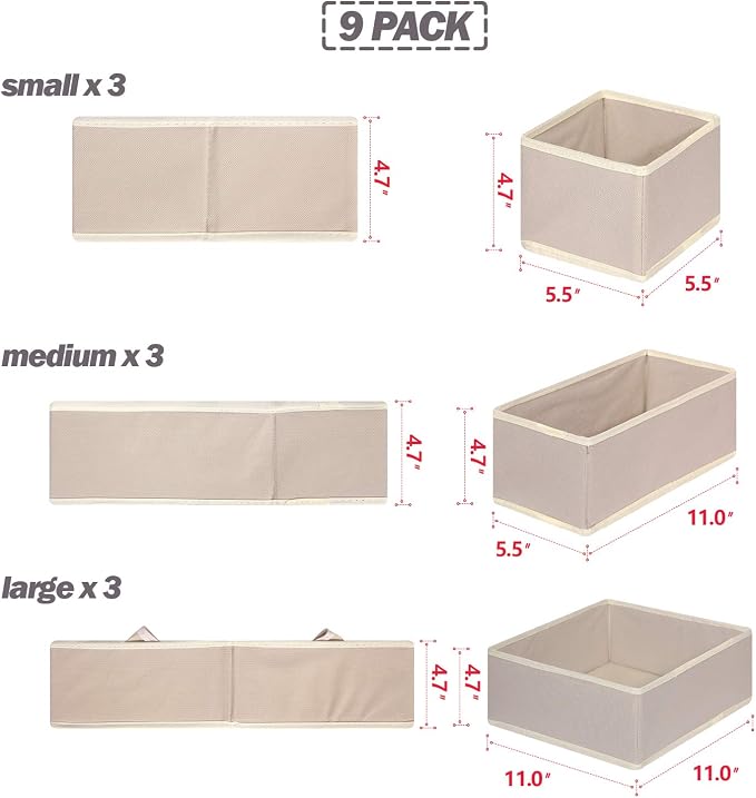 DIOMMELL 9 Pack Foldable Cloth Storage Box Closet Dresser Drawer Organizer Fabric Baskets Bins Containers Divider for Baby Clothes Underwear Bras Socks Lingerie Clothing,Beige 333
