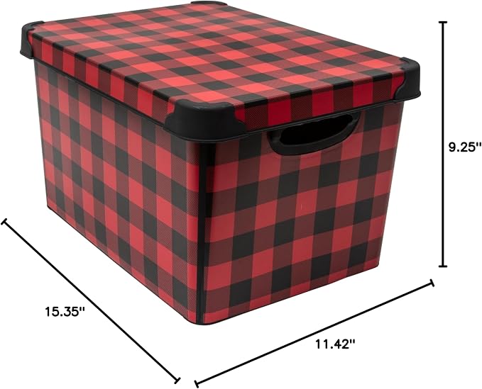 Simplify Checkered Design Storage Bin | Christmas Tote | Holiday Décor Decorations Organizer | Buffalo Plaid Design | Lidded | Stackable | Black and Red