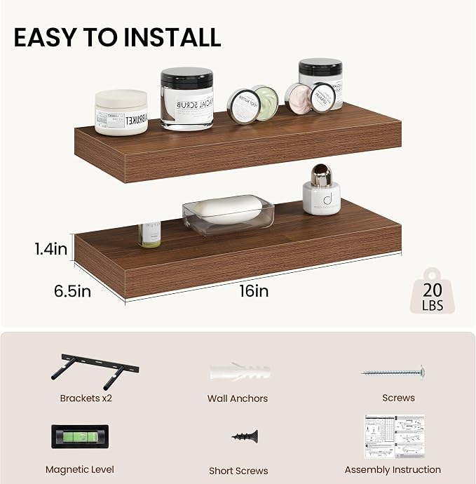 Vivelove 16 Inch Floating Shelves Wall Mounted for Display, 6.5 Deep Duty Shelves with Invisible Brackets for Living Room,Bedroom,Kitchen, Bathroom Storage & Decor,16" Wx6.5 Dx1.4 H - Walnut
