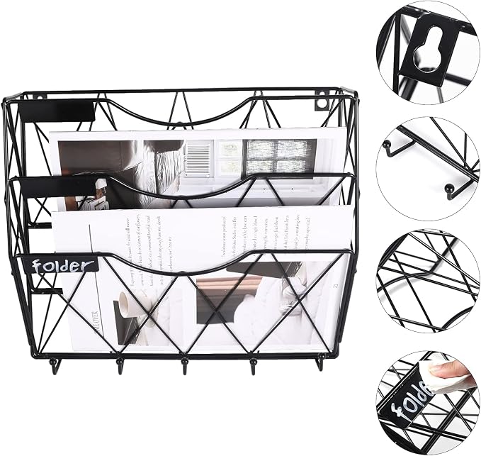 3 Tier Wall File Holder Organizer, Hanging File Organizer, Magazine Rack, Wall Mount Paper Folder Holder, with 5 Key Holder Hooks,Metal, Black