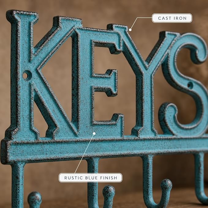 Comfify Rustic Blue Cast Iron Key Holder for Wall – Keys Sign with 4 Hooks | Rustic blue antique finish; mounting hardware included; entryway, hallway or door; 6"H x 8"L; holds 8 keychains