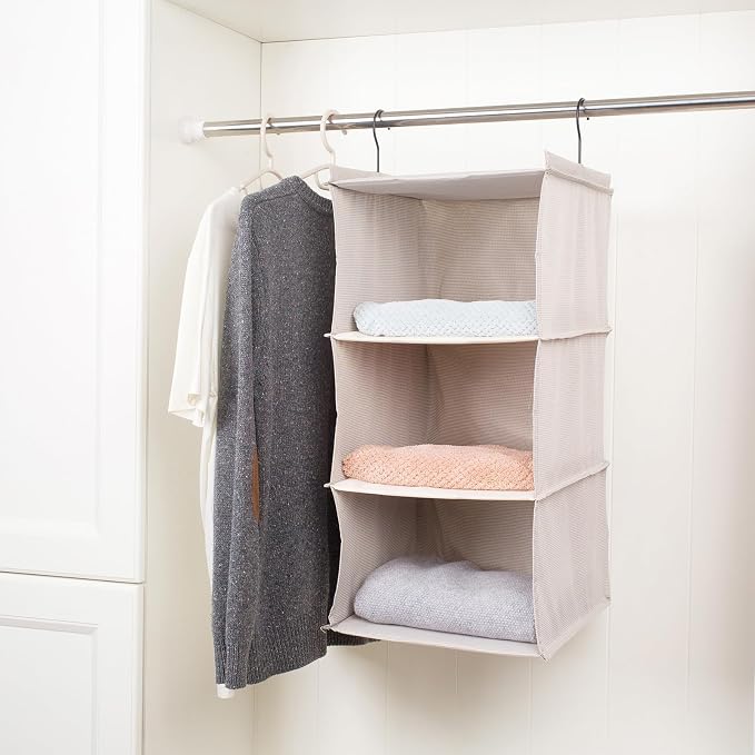 Hanging Closet Organizer 3-Tier, Oxford Wardrobe Storage, Beige Houndstooth | Easy-mount foldable design holds clothes, handbags, shoes & accessories; washable Oxford fabric, sturdy and space-saving.