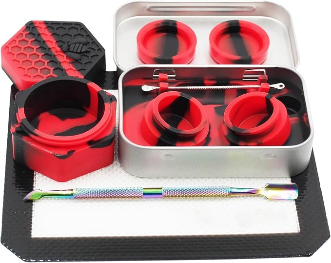 Silicone Wax Carving 5ml 26ml Hexagon Container Kit (Red Black) | with 5.2" Rainbow Tool and 5.9"×4.9" Mat