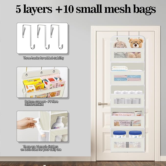 KYEVIS Over The Door Organizer, 5 Shelves Closet Door Hanging Organizer with 10 Mesh Pockets, Nursery Closet Organizer, Baby Essentials, Dorm Room Essentials for Girls