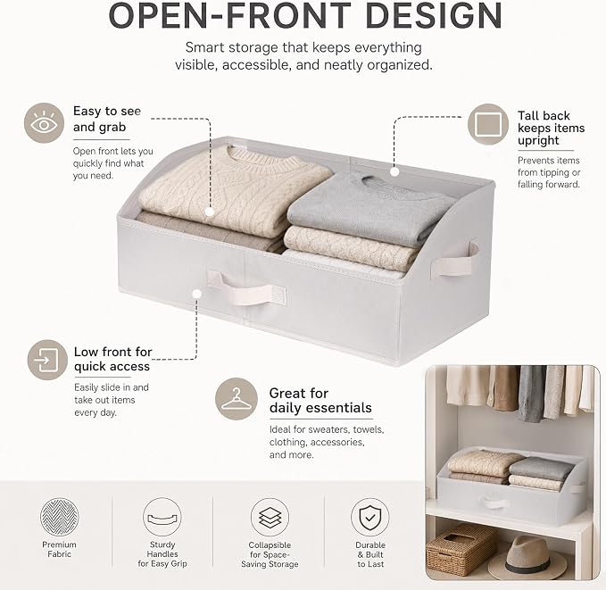 WUIKE Trapezoid Closet Storage Bins with Handles, White & Beige, 3 Pack | 19.5"L x 11"W x 8"H, Sturdy Fabric Construction, Home Storage for Handbags, Clothes, Towels, Wardrobes, and Living Rooms