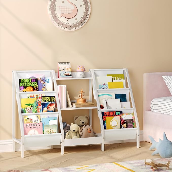 MAHANCRIS Kids Bookshelf and Toy Organizer, 3-Tier Bookshelf for Kids, Sturdy Kid Bookcase with Storage, Toddler Book Shelf for Kids Room, Playroom, Bedroom, Nursery, White BKWT34201