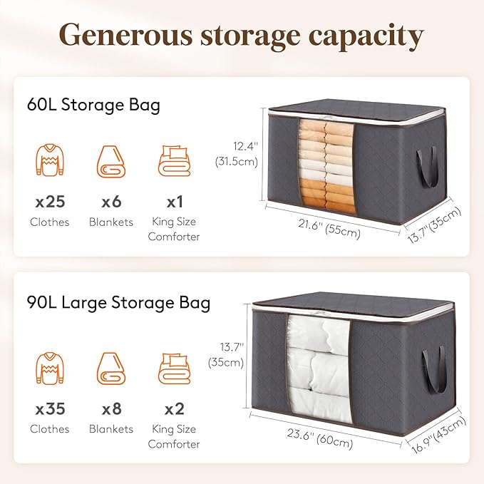 Lifewit 8 Pack 60L Clothes Storage Bins with Lids, Foldable Blanket Storage Bags with Zippers, Clear Window and Reinforced Handles, Closet and Organization for Clothing, Sweater, Comforter, Bedding