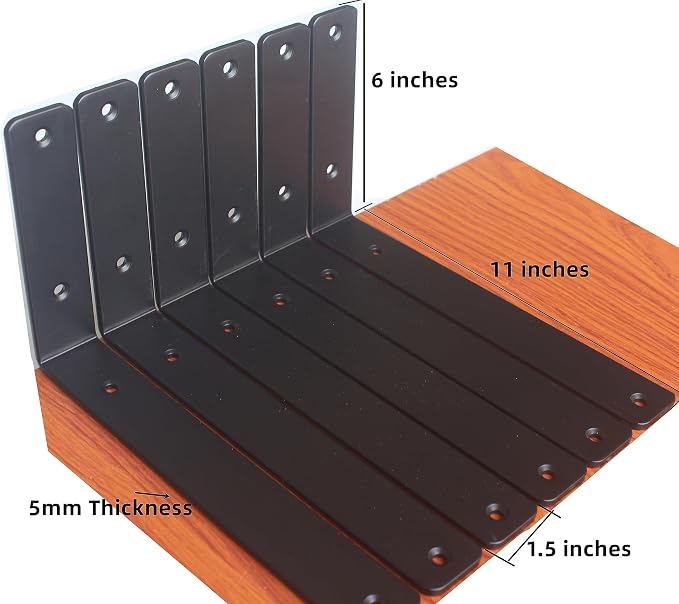 2 Pack - L 11" x H 6" x W1.5, 5mm Thick Black L Shelf Bracket, Iron Shelf Brackets, Metal Shelf Brackets, Floating Shelf, Shelf Supports with Screws