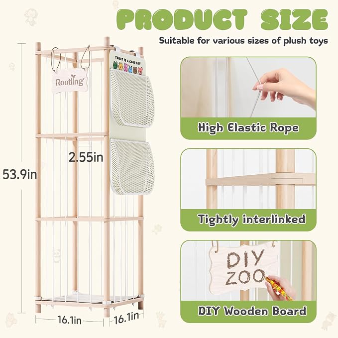 Stuffed Animal Storage & Organizer, 54 inch Tall Wooden Cute Zoo Toy Holder w/Building Block Storage Bag, Premium Wooden Material with Elastic Cord For Toddler Rooms, Playrooms & Bedrooms