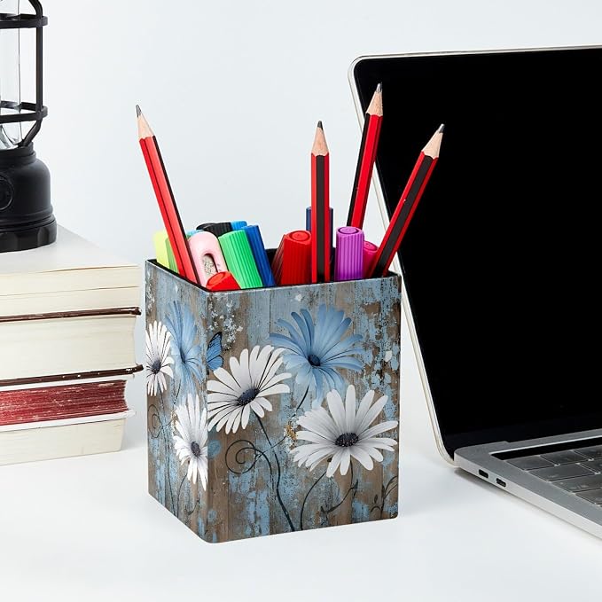 Pen Holder for Desk, Rustic Blue Daisy Pencil Holder, Pen Cup Functional Desk Organizer for Office Supplies